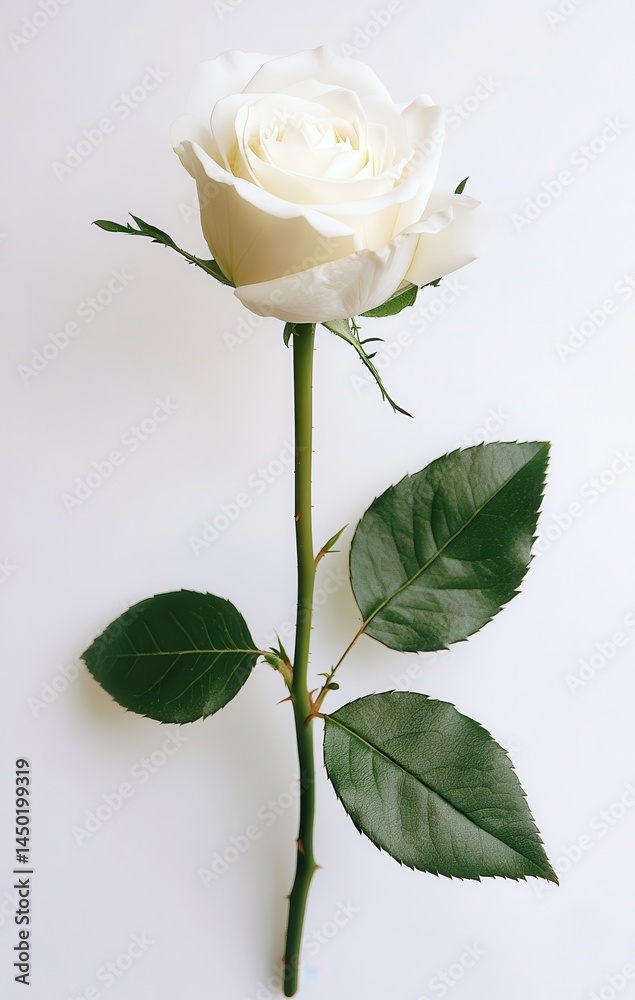 Fototapeta premium Elegant White Rose with Green Leaves on a Bright Background Perfect for Celebrations, Weddings, Love, and Nature-Themed Designs