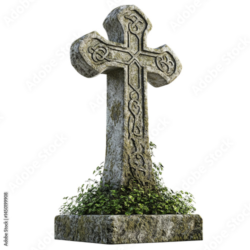 stone cross on a cemetery isolated on transparent background
