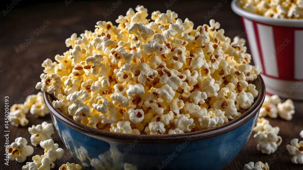 Delicious popcorn overflowing from a vibrant bowl. A mouthwatering close-up of fresh, fluffy popcorn ready to be enjoyed. Delicious popcorn overflowing from a vibrant bowl. A mouthwatering close-up of fresh, fluffy popcorn ready to be enjoyed.