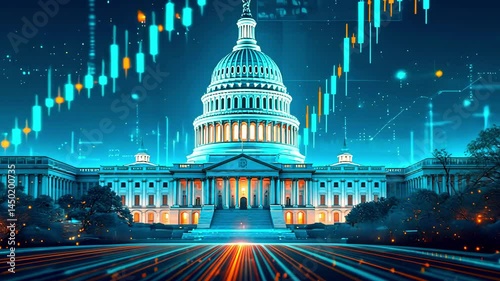 Futuristic view of a government building with digital financial data overlay and vibrant light trails