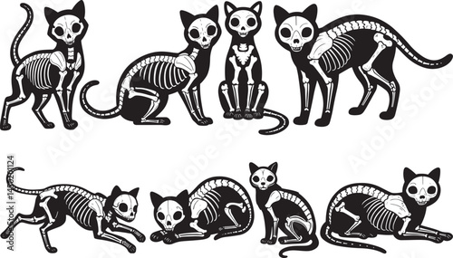Detailed Cat Skeleton Illustrations Various Poses Halloween Anatomical Spooky Feline Designs