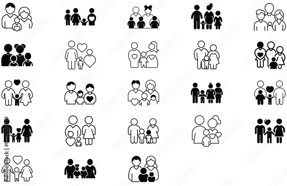Fototapeta premium Black Silhouette Family and Relationship Icon Set – Vector Collection of Meaningful Glyph Pictograms Representing Couples, Parents, Children, Elderly, Pregnancy, Single Parenthood, and Community.