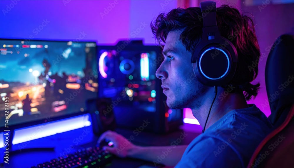 Gaming action at home a young man engaged in computer gaming modern room digital environment side view technology concept Gaming action at home a young man engaged in computer gaming modern room digital environment side view technology concept