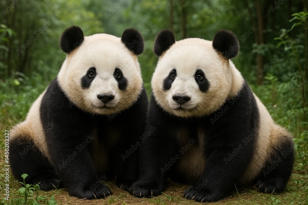 Fototapeta premium Adorable pandas in lush forest.