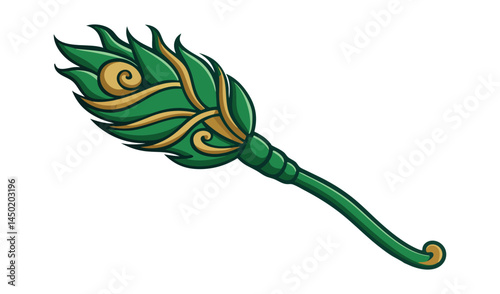 Ornate green peacock feather broom illustration