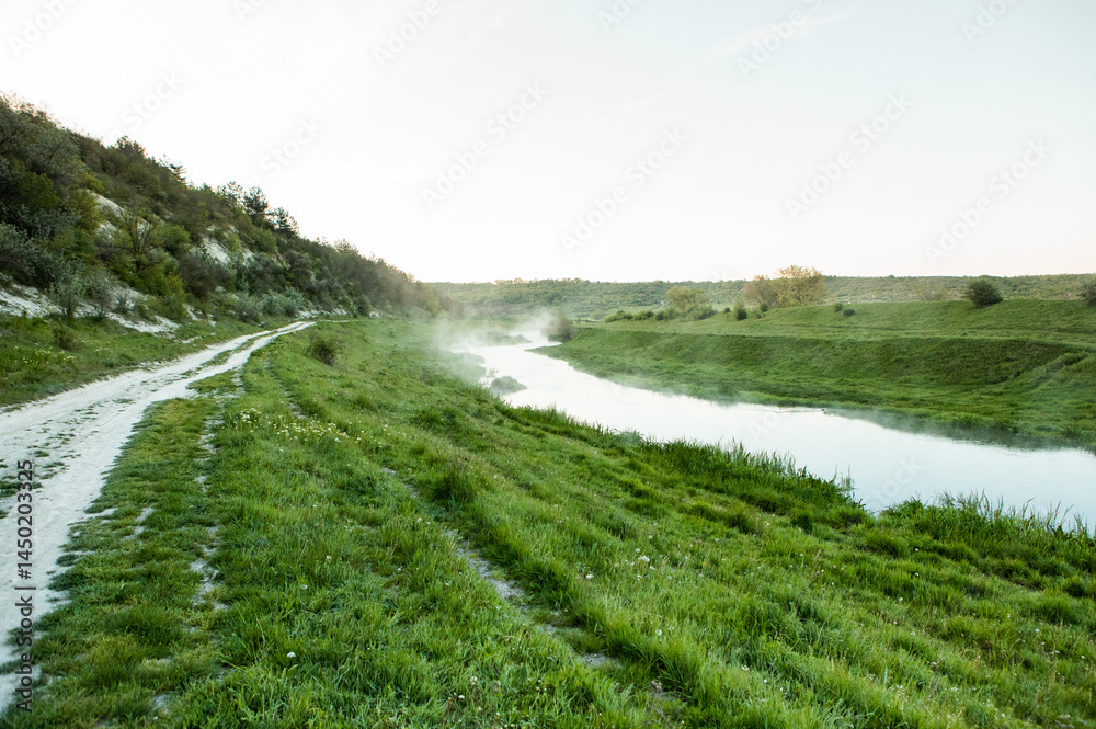 Beautiful landscape with the Raut River in the Republic of Moldova. rural nature in Eastern Europe.