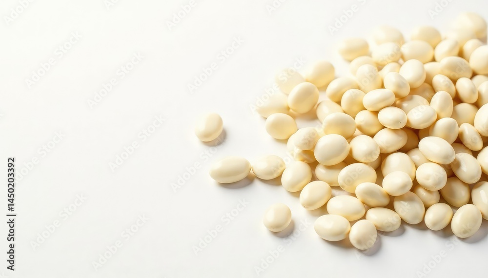 Scattered white beans against a stark white backdrop, background, cooking Scattered white beans against a stark white backdrop, background, cooking