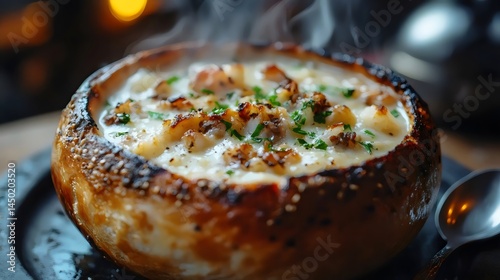 A steaming bowl of clam chowder, served in a crusty bread bowl, garnished and ready to eat.