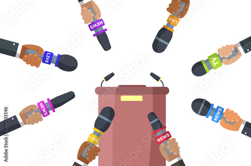 png television broadcast mic hand journalist press report communication media breaking news background set concept illustration

