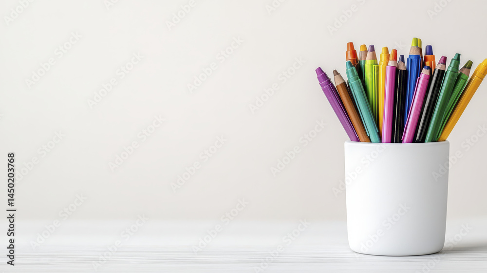 Fototapeta premium Colorful pencils arranged in white container on light background, creating vibrant and artistic atmosphere