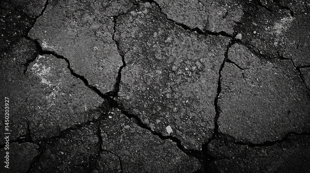 Dramatic Black and White Cracked Asphalt Texture Background Image High Resolution Detailed Grunge Dark Grey Surface Broken Road Abstract Design Element Photography aged  