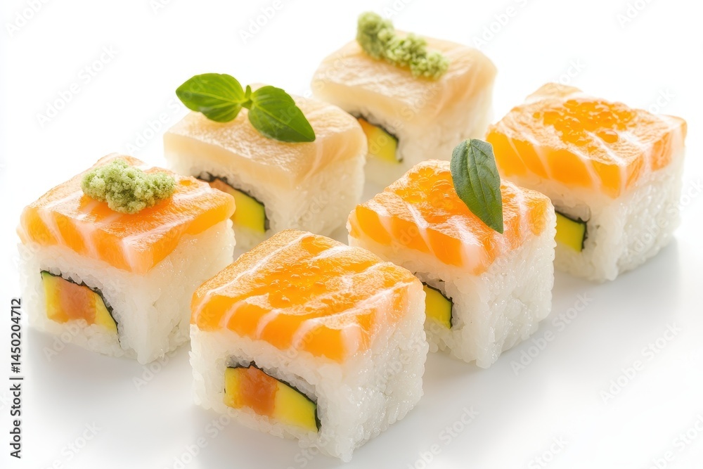 Assorted sushi rolls elegantly arranged on a white background, showcasing vibrant colors and textures Assorted sushi rolls elegantly arranged on a white background, showcasing vibrant colors and textures
