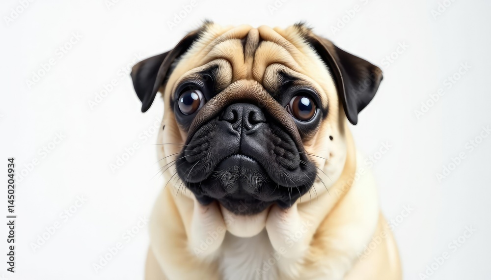 Single pug against white backdrop, showcasing its features, pet photography, isolated Single pug against white backdrop, showcasing its features, pet photography, isolated