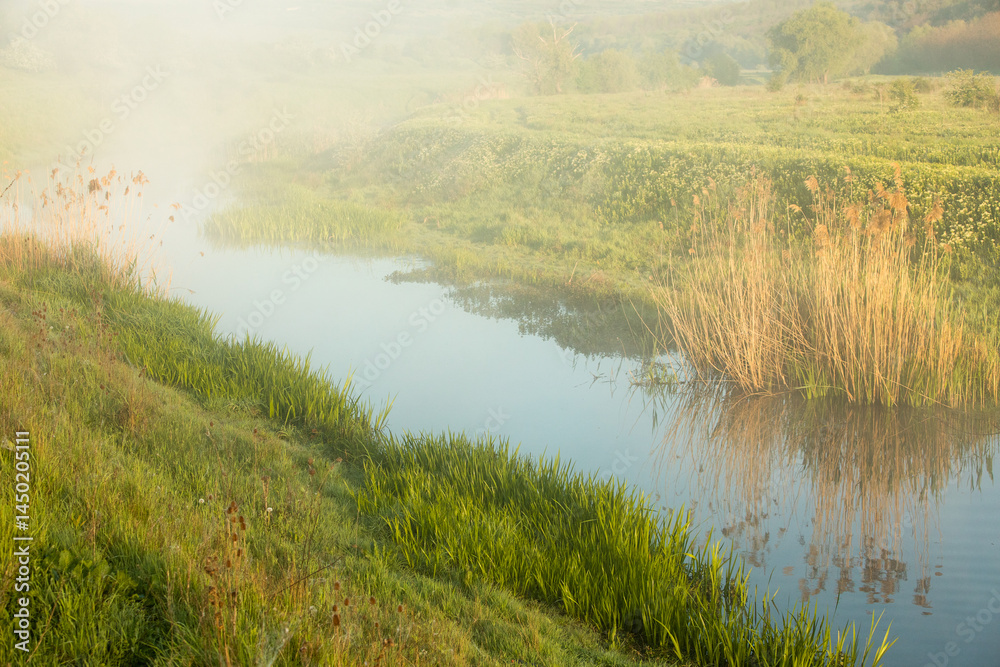Beautiful landscape with the Raut River in the Republic of Moldova. rural nature in Eastern Europe.