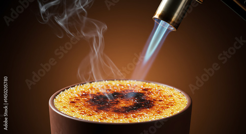 Crème brûlée Caramelizing: Close-Up of Blow Torch Torching Sugar on Delicious Custard Dessert for Gourmet Restaurant Menu