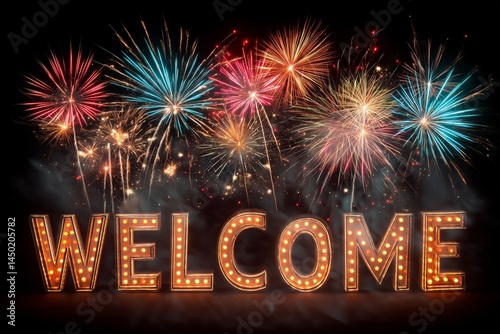 Fireworks display with Welcome in bold letters, night sky background, vibrant colors