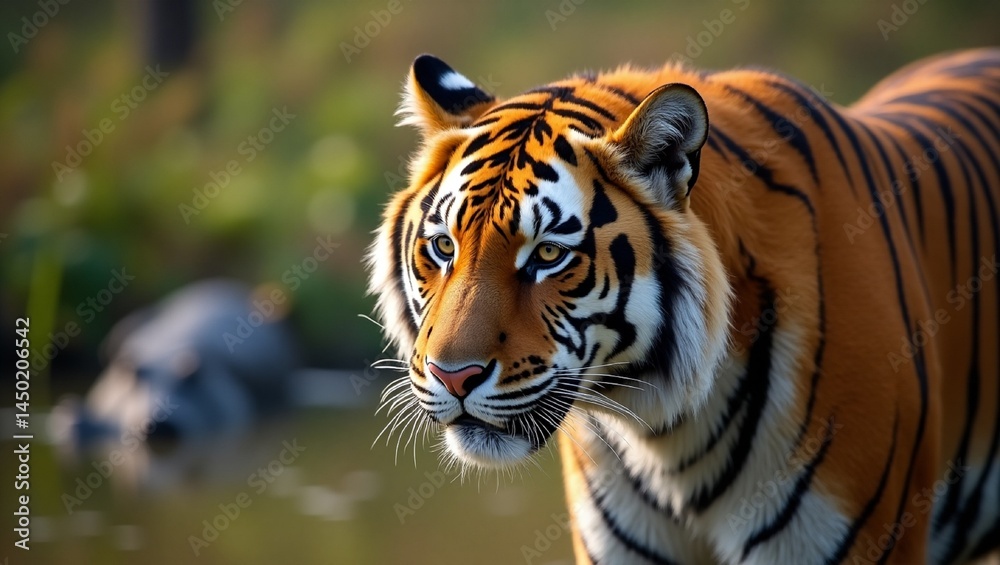 Fototapeta premium Close tiger male. Wild adult animal in thGharial, Gavial, Gavialis gangeticus, Fish Eating Crocodile, Wetlands, Royal Bardia National Park, Bardiya National Park, Nepal, Asiae natural habitat