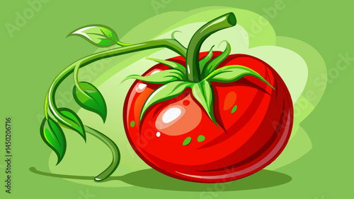 A single, ripe tomato clings to a vivid green stem.
Its color dance of red and green embodies freshness.
Symbol of homegrown produce and mindful nutrition.
Great for organic product art or health food