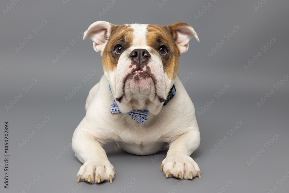 Bulldog Wearing Bow Tie Lying Down on Studio Gray Background Bulldog Wearing Bow Tie Lying Down on Studio Gray Background