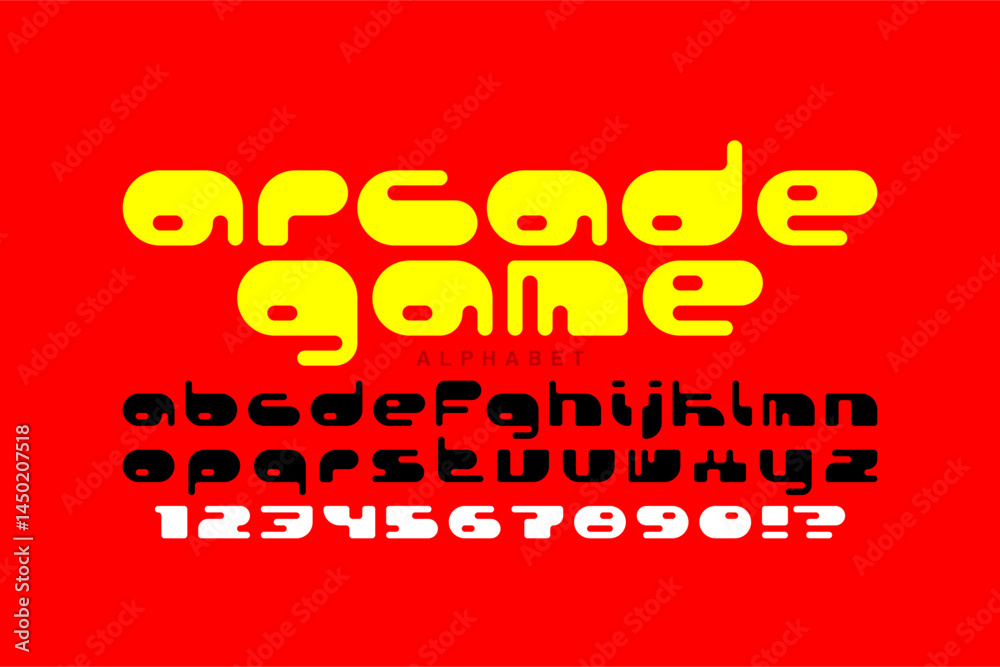 Arcade game style font, alphabet letters and numbers vector illustration