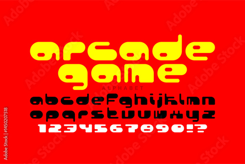 Obraz na płótnie Arcade game style font, alphabet letters and numbers vector illustration w salonie