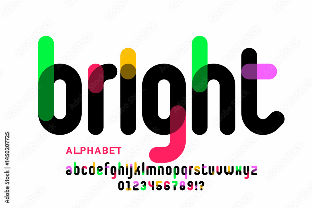 Bright. Modern lower case style font, alphabet letters and numbers vector illustration