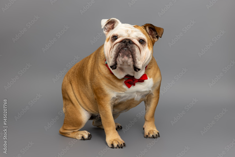 Fototapeta premium Bulldog Sitting in Red Bow Tie on Gray Studio Background