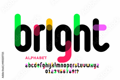 Bright. Modern lower case style font, alphabet letters and numbers vector illustration