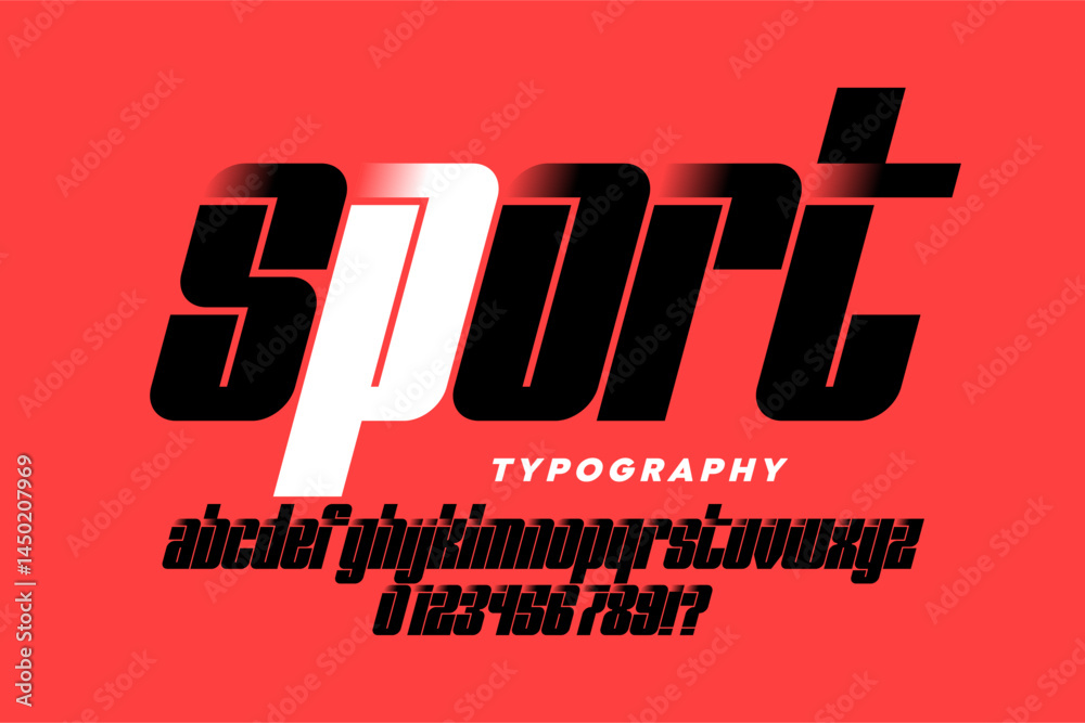 Sport style font, alphabet letters and numbers vector illustration