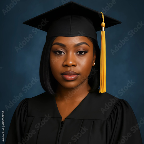Elegant Black Female Graduate in Cap and Gown – Studio Graduation Portrait with Gold Tassel