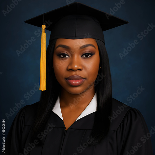 Elegant Black Female Graduate in Cap and Gown – Studio Graduation Portrait with Gold Tassel