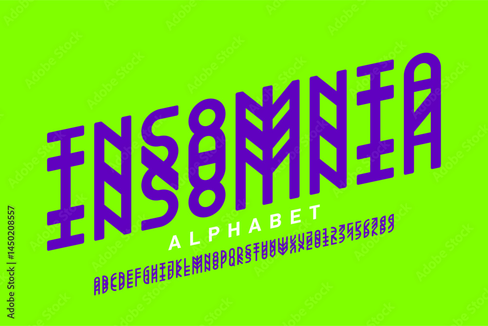 Insomnia. Modern style font, alphabet letters and numbers vector illustration