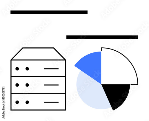 Server stack adjacent to pie chart divided into multiple segments illustrating data storage, analysis, and insights. Ideal for technology, analytics, business, database, cloud computing, research