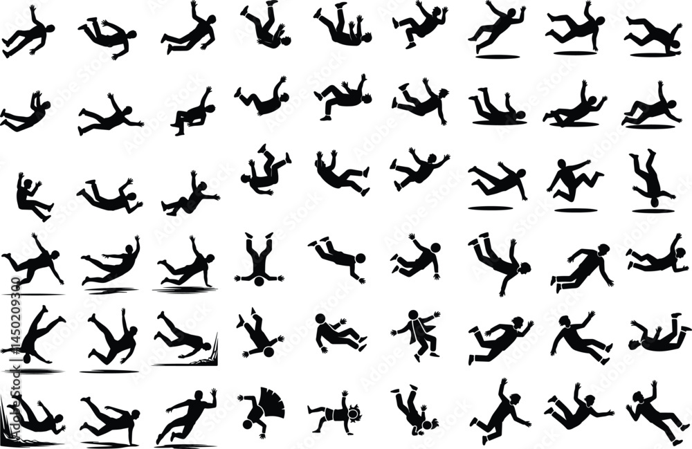 Falling People Silhouette Set | Human Falling Poses Vector Collection Falling Man Woman Silhouettes | Danger, Accident, Action Icons Falling People Silhouette Set | Human Falling Poses Vector Collection Falling Man Woman Silhouettes | Danger, Accident, Action Icons