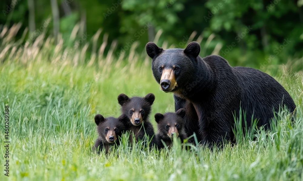 Fototapeta premium Majestic Black Bear Family in Lush Green Meadow with Three Adorable Cubs Playing and Relaxing Together in Their Natural Habitat in Spring Sunshine