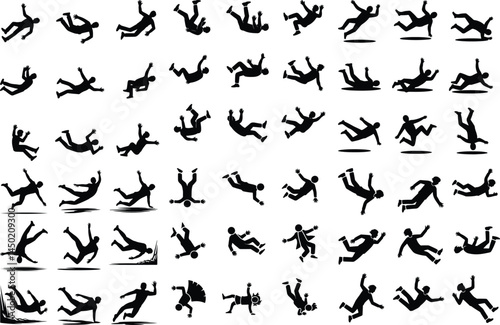 Falling People Silhouette Set | Human Falling Poses Vector Collection Falling Man Woman Silhouettes | Danger, Accident, Action Icons
