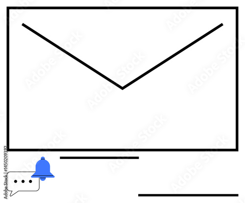 Envelope outline with notification bell and message bubble. Ideal for communication, email, messaging apps, digital alerts, notifications, reminders, updates, and a simple landing page