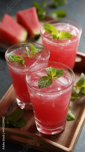Wallpaper Mural Refreshing watermelon juice glasses, served with ice and garnished with mint on a wooden tray. Focus on a vibrant red beverage. Torontodigital.ca