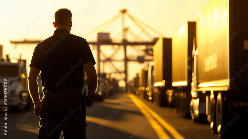 Security guard checking IDs at port entrance gate, trucks loaded with containers lined up in bright sunlight