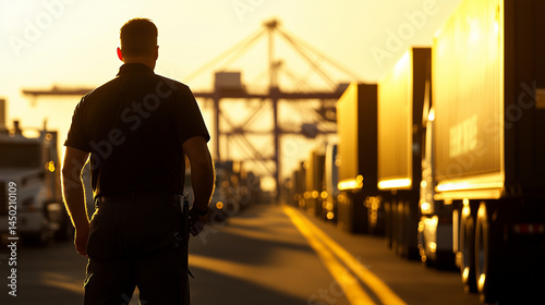 Obraz na płótnie Security guard checking IDs at port entrance gate, trucks loaded with containers lined up in bright sunlight w salonie