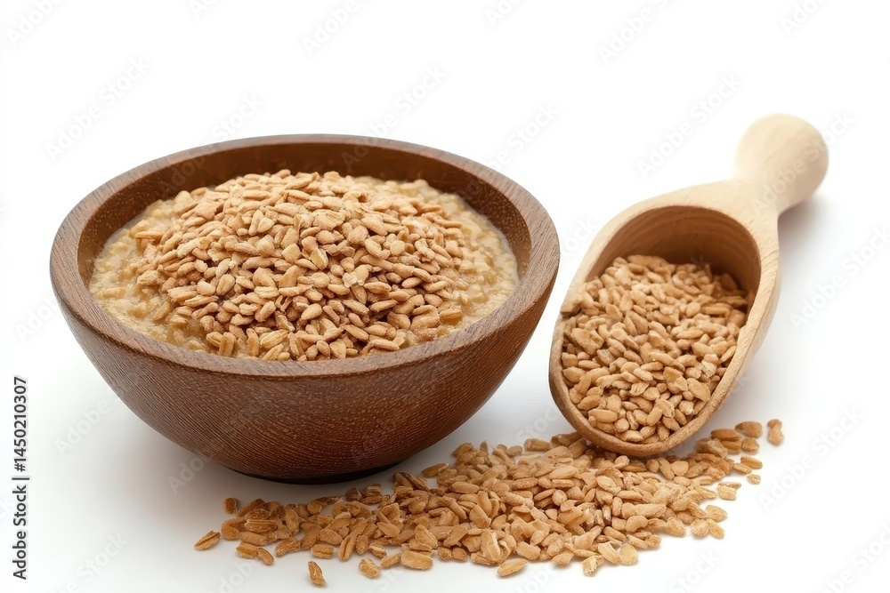 Bowl of toasted oats spilling onto a white surface, showcasing a healthy breakfast option Bowl of toasted oats spilling onto a white surface, showcasing a healthy breakfast option