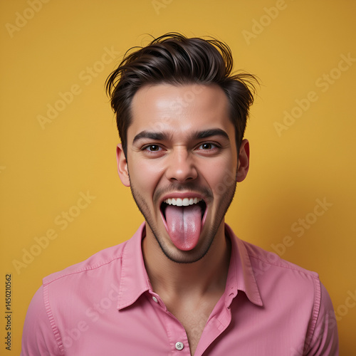 Portrait of man wearing pink shirt sticking out tongue and looking at camera, teasing with naughty expression, disobedient behavior. Indoor studio shot isolated on yellow background.