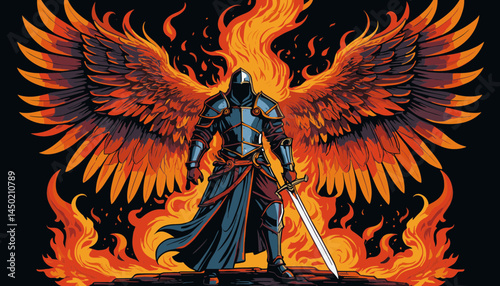Fiery Angel Warrior: A powerful angelic warrior stands amidst a fiery inferno, wings ablaze with the heat of the flames. The warrior holds a sword, a symbol of strength and courage.