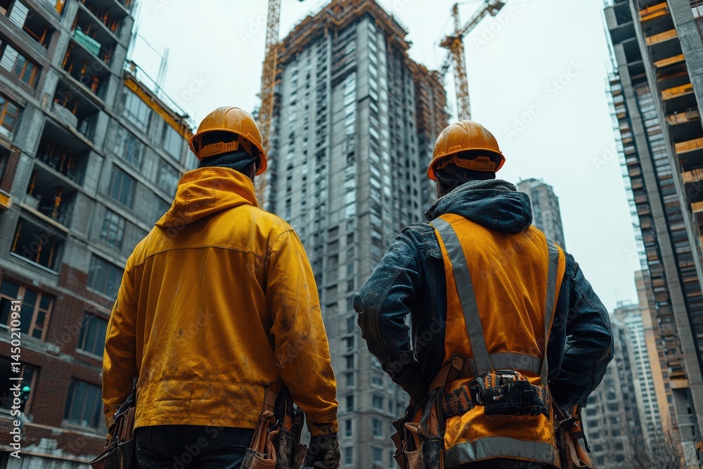 Fototapeta premium Construction workers observing progress on a high-rise building in an urban setting