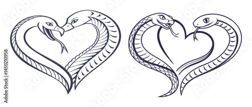 Two snakes forming love heart, romantic serpent outline illustration on a white background