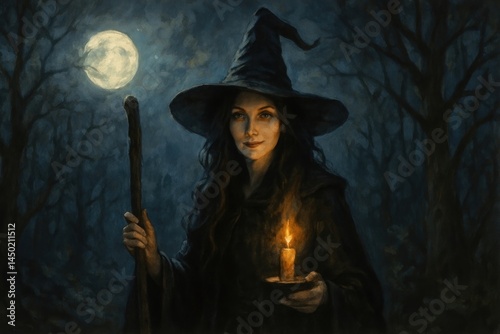 Mysterious witch under moonlight.