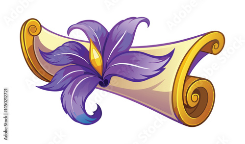 Purple flower adorning antique scroll illustration