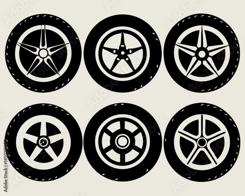 set of wheel iconssilhouette set 6 pis bundle Vector icon illustration silhouette Graphics design image white background