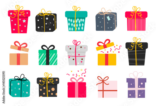 Present icon. Gift box icon set. Flat style. birthday gift or other events