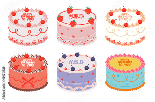 Vintage Round Cake Cream and Pink Toned Illustration Set with Cherry, Strawberry, Whipped Cream, Coquette Ribbon, Heart and Happy Birthday Message. birthday cake greeting